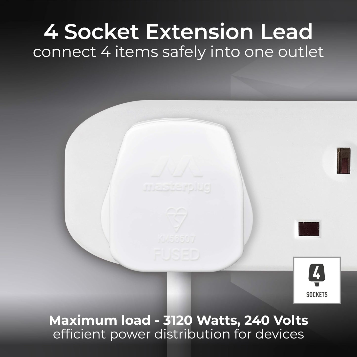 Masterplug Four Socket Extension Lead, Unswitched, 2 Metre Cable, 4-Way Plug Extension Cable, Power Strip, Basic Power, White, 13A, 4G, 2m, BFG210N