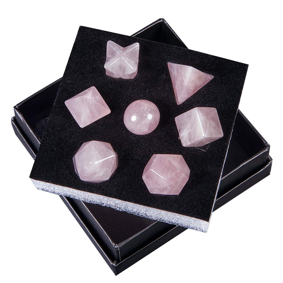 rockcloud Rose Quartz Platonic Solids Sacred Geometry with Merkaba Star Set, Healing Crystal Faceted Gemstones for Meditation Reiki Balancing, Pack of 7