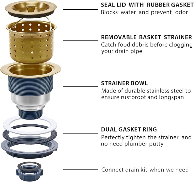 KONE 3-1/2 Inch Brass Sink Drain, Durable Stainless Steel Brass Kitchen Sink