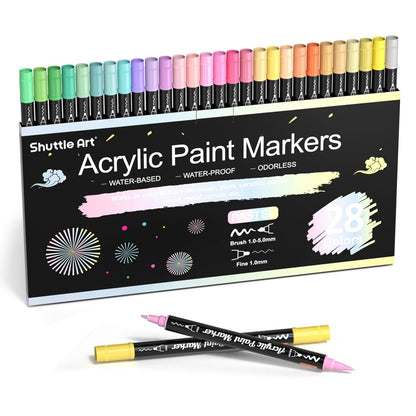 28 Pastel Colors Dual Tip Acrylic Paint Markers, Brush Tip and Fine Tip Acrylic Paint Pens for Rock Painting, Ceramic, Wood, Canvas, Plastic, Glass, Stone, Calligraphy, Card Making, DIY Crafts