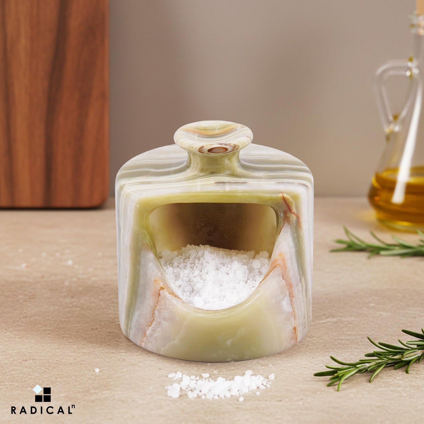 Radicaln Marble Salt Cellar 4.5" Inches Green Onyx Handmade Pig Salt Container & Spice Jar for Kitchen Countertop, Ideal Salt Box & Salt Bowl for Pepper & Spices