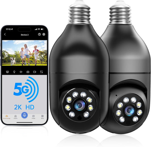 WESECUU Light Bulb Security Camera -5G& 2.4GHz WiFi 2K Security Cameras Wireless Outdoor Motion Detection and Alarm,Two-Way Talk,Color Night Vision,Human Detection, Bulb Camera Compatible with Alexa