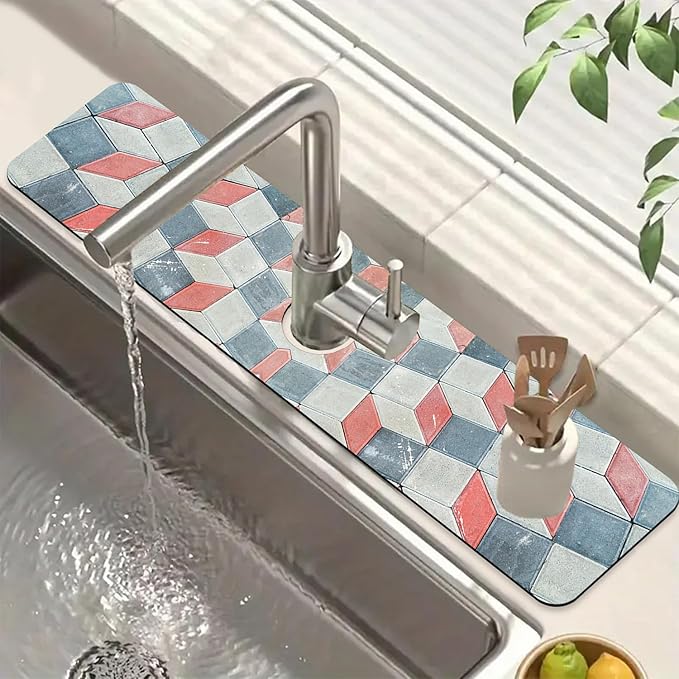 Red Gray Tile Kitchen Sink Splash Guard Faucet Mat Red White Diamond Super