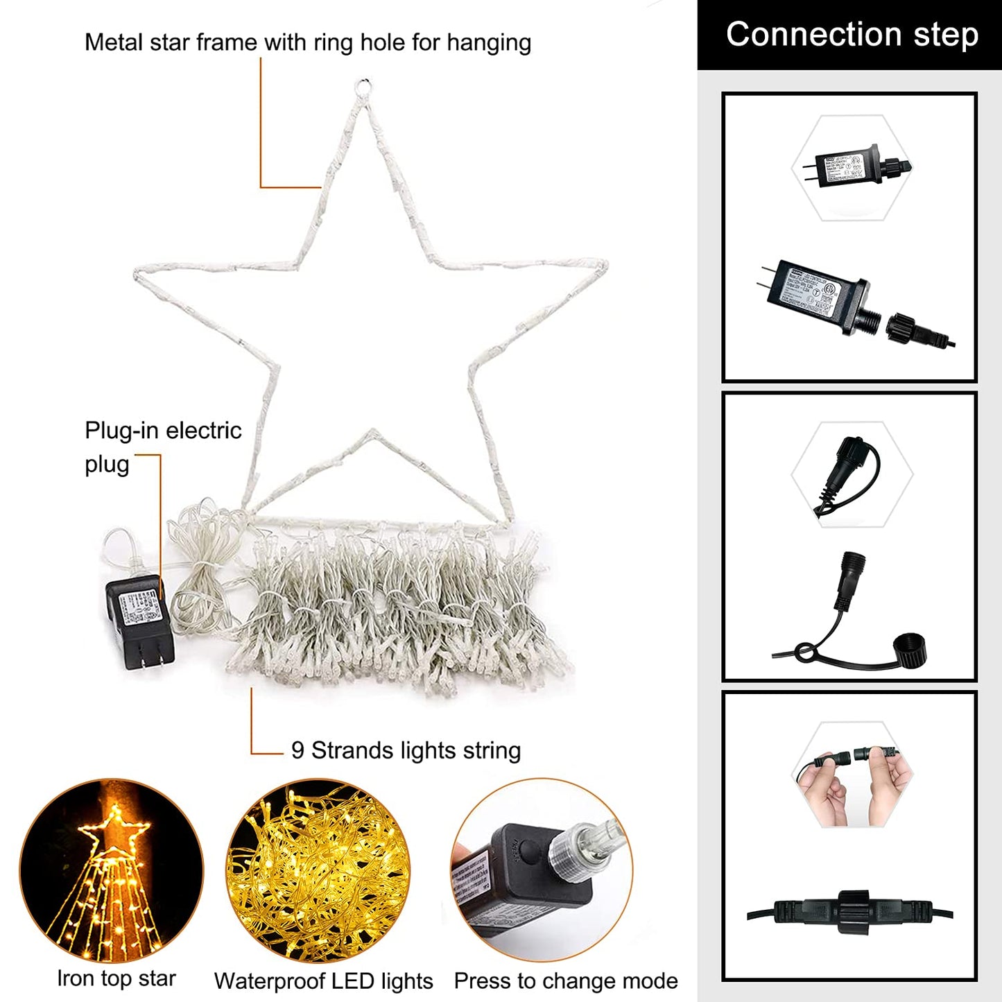 MINIAO Christmas Star String Lights, 320 LED Waterfall Tree Lights with 13" Topper Star 8 Lighting Modes Indoor Outdoor Halloween Decorations for Holiday, Wedding, Party (Warn White)