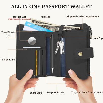 Genuine Leather Passport Wallet, RFID Blocking Passport Holder with Tracker Slot, All in One Travel Wallet for Women/Men, Secure Passport Cover Case for Airport Essentials (Black)