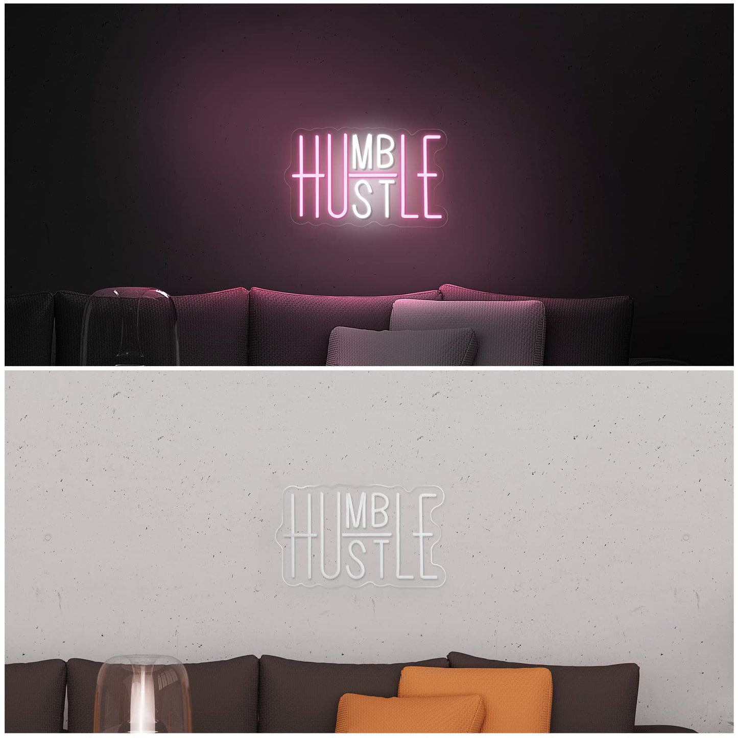 Hustle LED Neon Sign for Wall Decor, Humble Party Decorations, USB Powered Switch Adjustable Brightness LED Neon Lights, for Office Room, Gym Room, Man Cave Decor (Yellow&White)