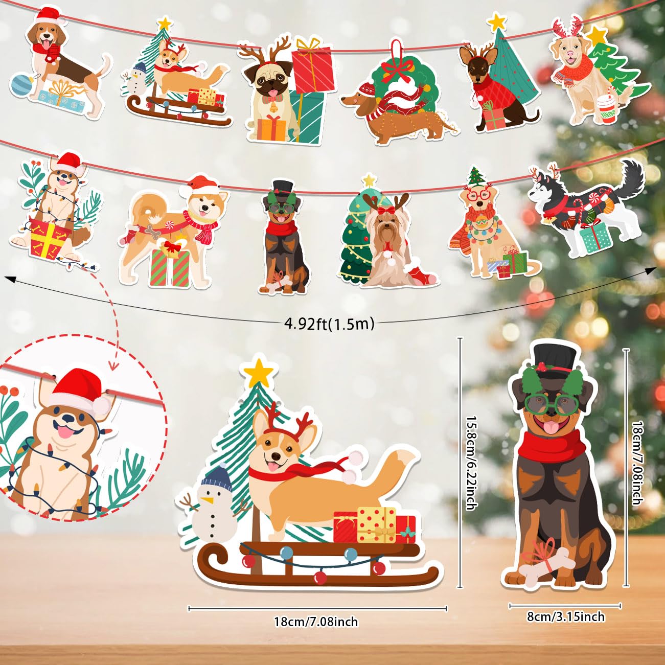 Cute Christmas Dog Puppy Reindeer Antlers Hanging Scarf Hat Banner for Xmas Birthday Holiday New Year Party Wall Home Office Decor