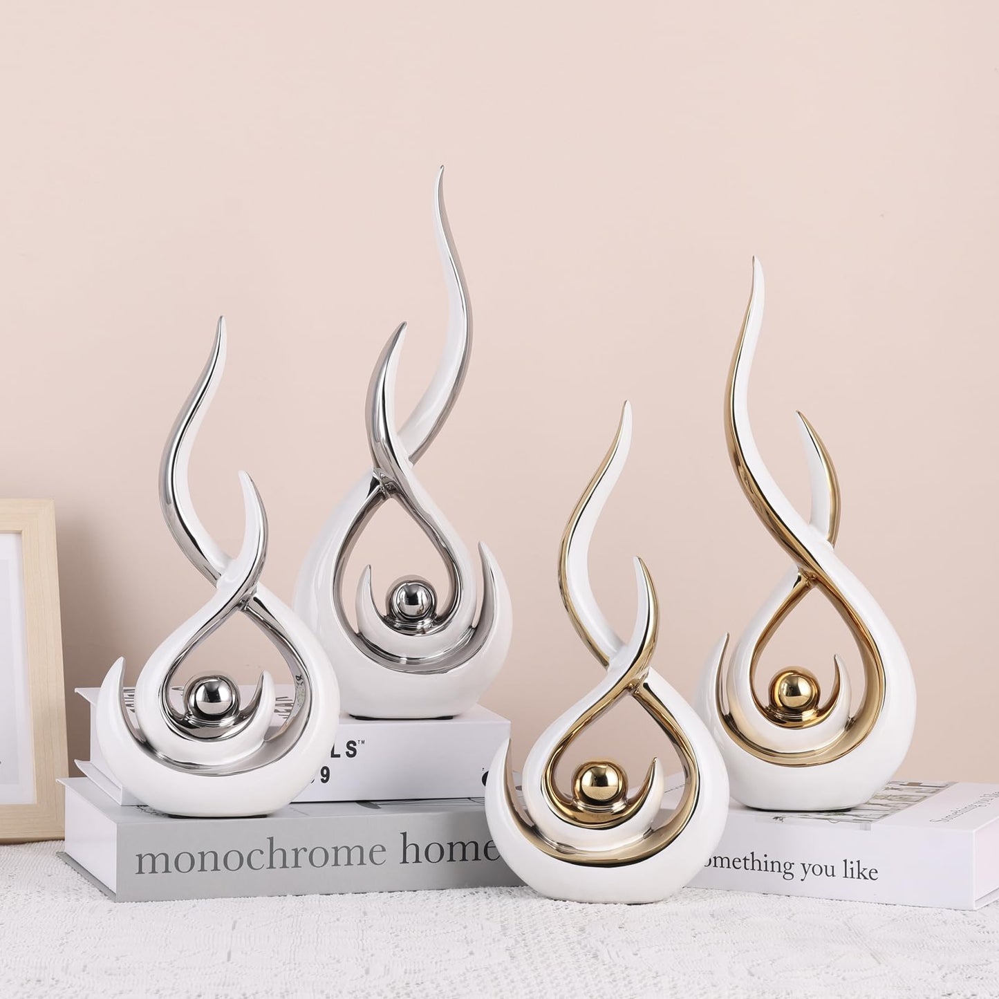 Ceramic Abstract 2 Piece Statue Set, White and Gold Home Decor Accents for Home Decor Statue Mantel Shelf Decor Unique Shelf Decor on Mantel, TV Cabinet Divider Table Top and Dining Table Centerpiece.
