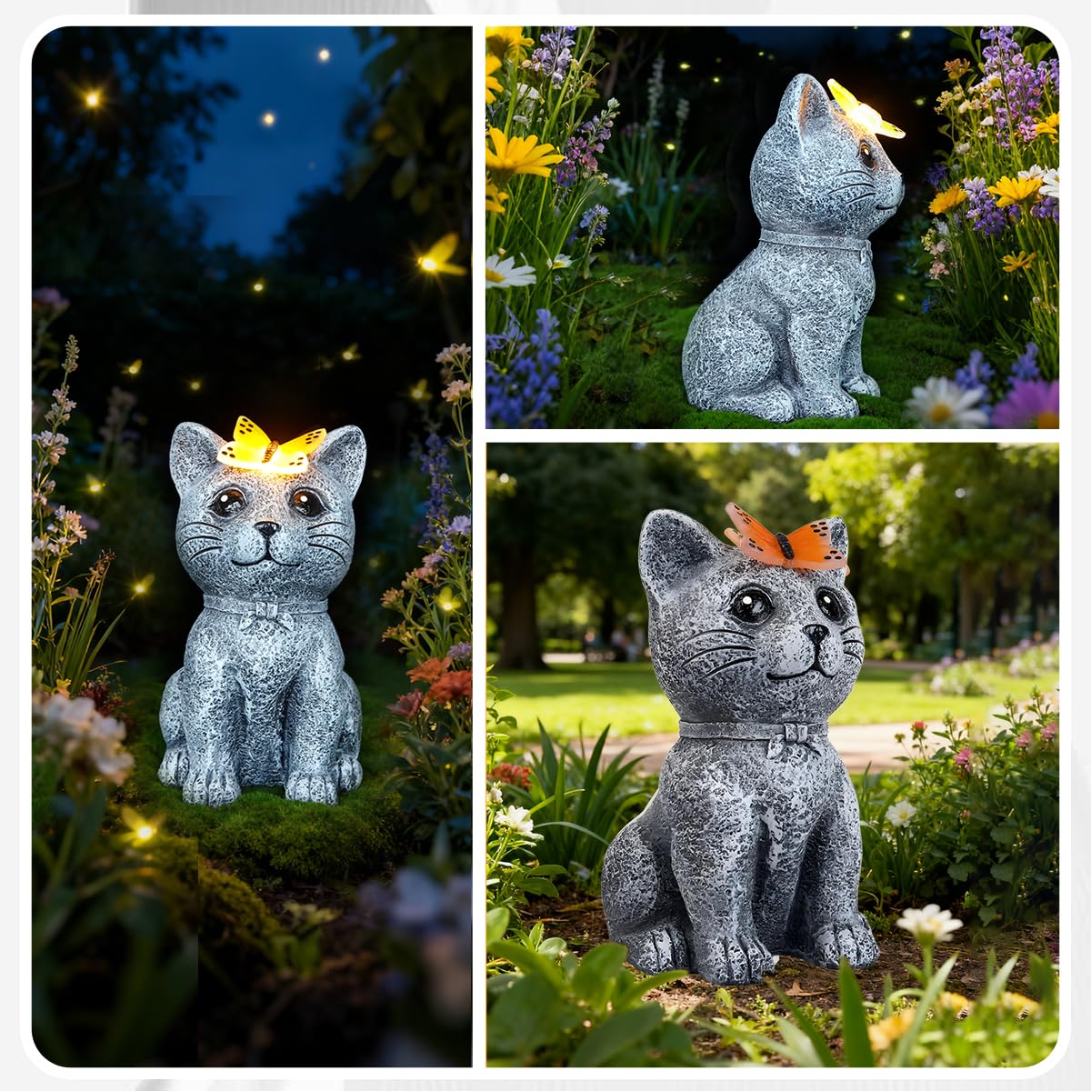 gardery Solar Cat Garden Statues Outdoor Decor with Butterfly for Waterproof Yard Lawn Patio Balcony Porch Home Decor, for Mom Grandma Women Housewarming