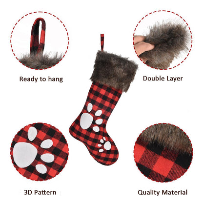 WORLDECO Christmas Stocking 2025 Ornaments, Handmade Dog Footprints Pattern Sock with Faux Fur, Xmas Winter Party Decorations Gifts, Santa Plush Decor, 20 inch, Red