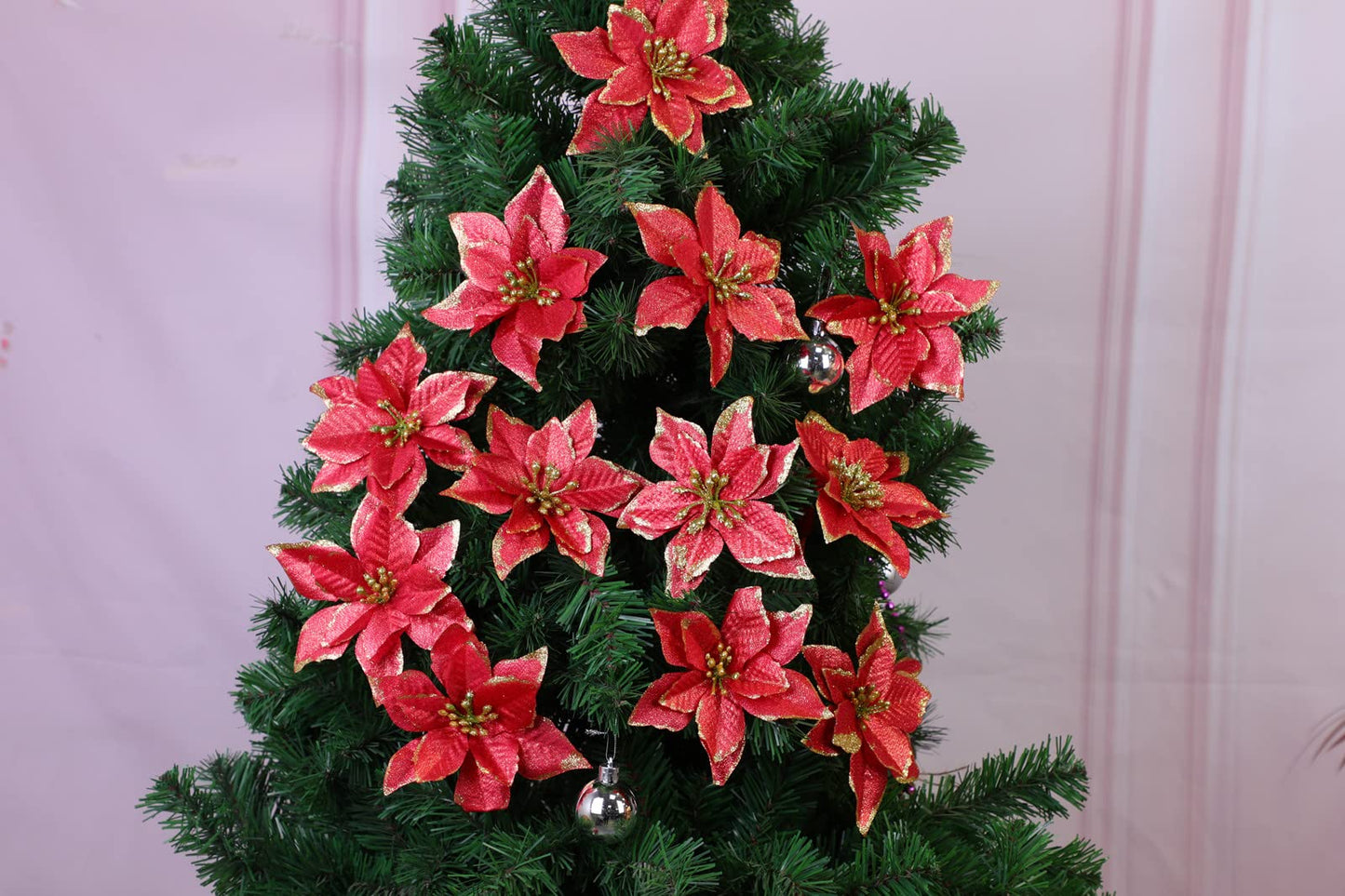 KEPATO Christmas Glitter Poinsettia Christmas Tree Ornaments Pack of 12 (Burgundy)