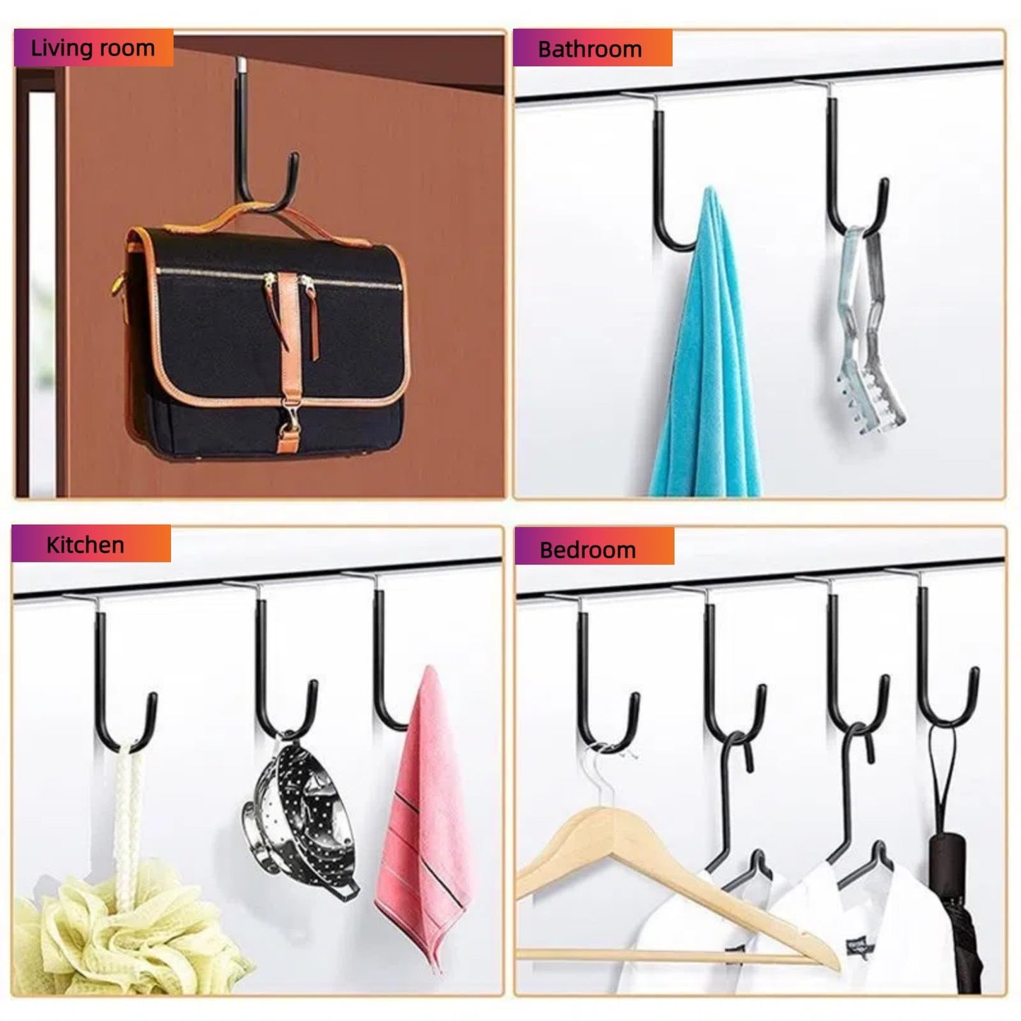 HANGZIGD Over The Door Hooks, Door Hangers Hooks,Extra Long 5" Rustproof Organizer Hook with Soft Rubber Padding, No-Scratch Design for Towels, Robes, Coats, Bags (12 Pack Black)