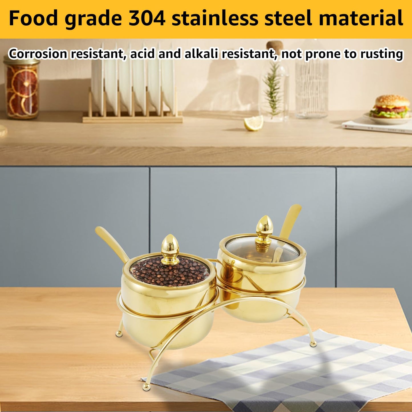 Luxury Gold Sugar Bowl Set with Spoons, 3-Piece Retro 304 Stainless Steel Seasoning Box for Coffee Bar Decor, Elegant Condiment Pots with Clear Glass Lid & Serving Tray for Salt, Candy, Cube Sugar
