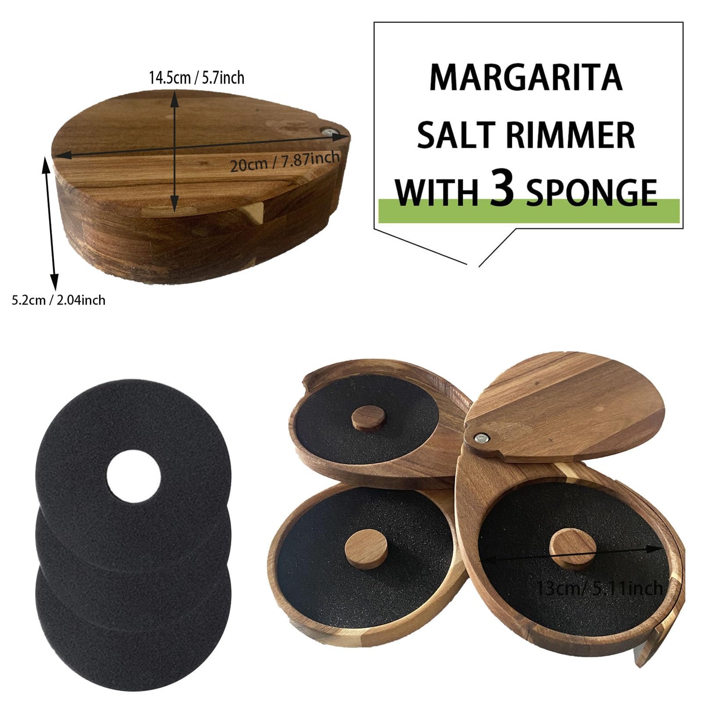 Hfpengzan Margarita Salt Rimmer Set, 3 Tier Bar Glass Rimmer Brown Bamboo Sugar and Salt Rimmer Box with 3 Sponges for Manhattan Drinks Bar Party Accessories Cocktail Bartender Tool