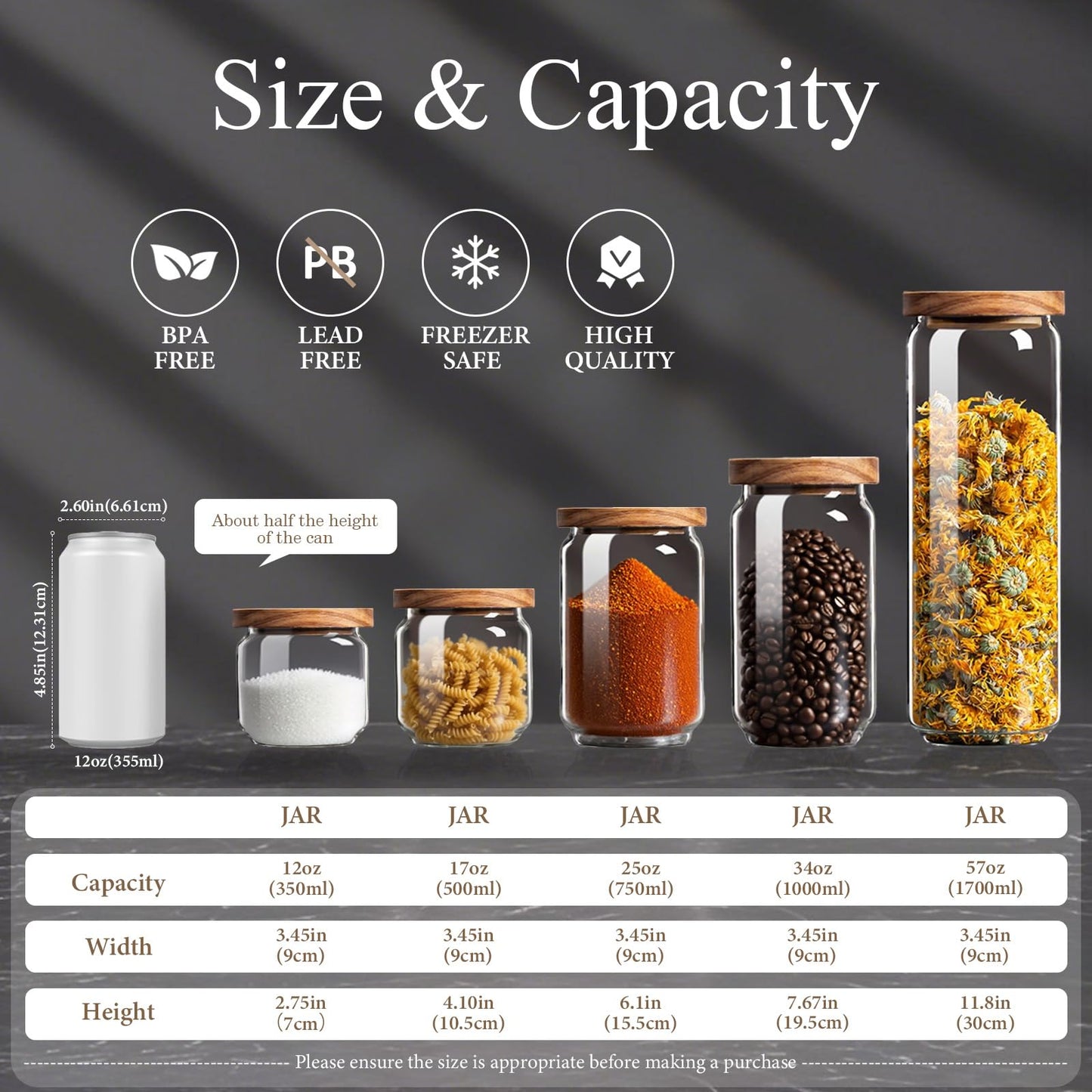 Glass Jars with Airtight Wood Lids - 11 oz Mini Kitchen Pantry Storage Containers, Stackable Decorative Canisters for Chia Seed, Sugar, Tea, Spice, Salt, Matcha, Nuts, Sauce, Cocoa powder, Set of 2