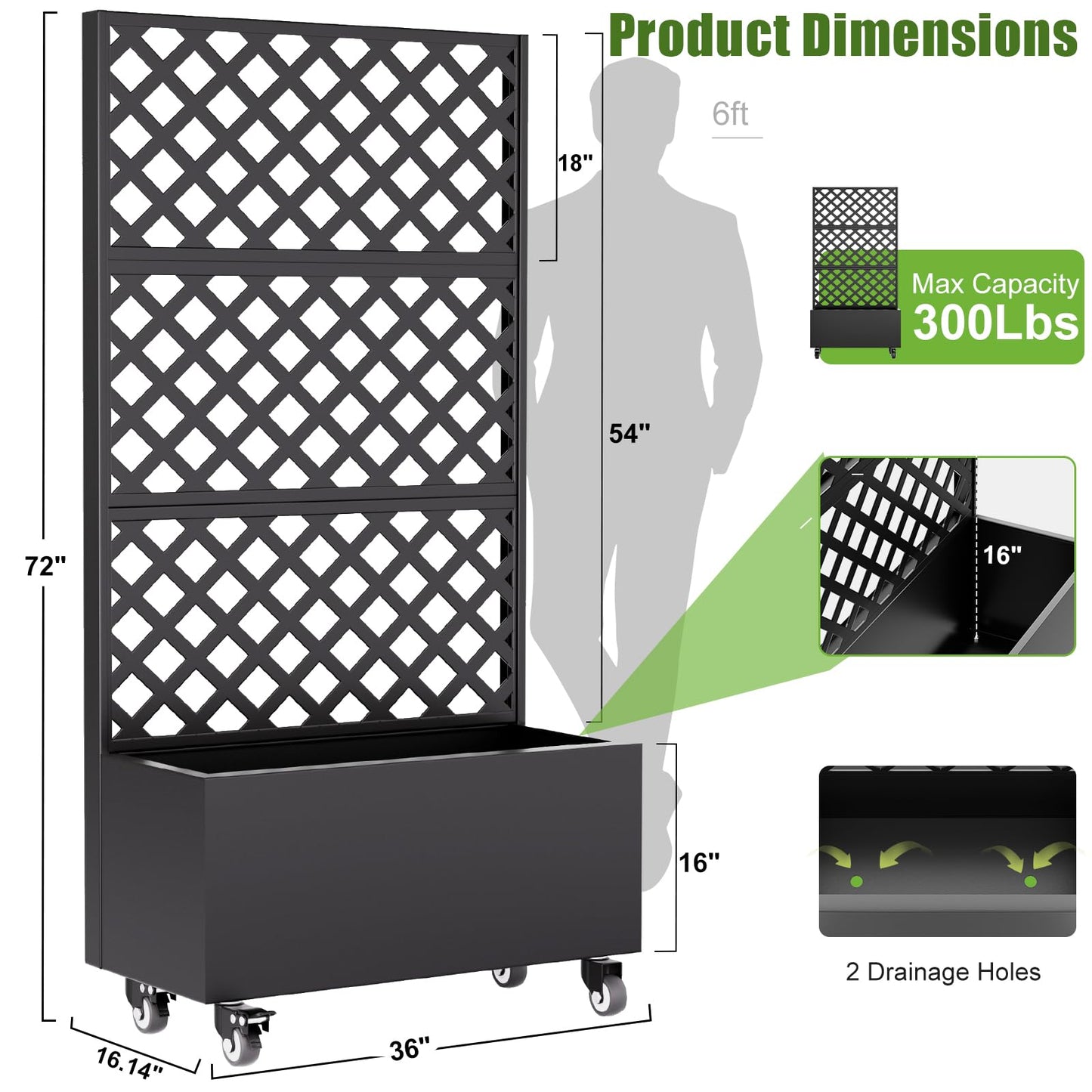 blusoke Metal Planter Box with Trellis and Wheels,Raised Garden Bed with Trellis,72" Tall Privacy Screen with Planter Box and Drainage Holes,Plant Trellis for Climbing Plants Outdoor,Vegetables,Vines