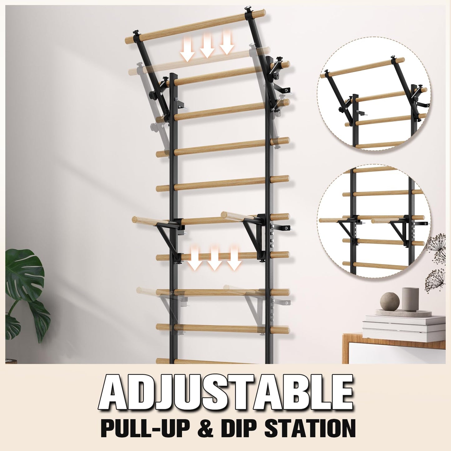 Swedish Ladder Wall Gym, Stall Bar Home Gym with Adjustable Pull-Up Bar, Dip Bar Attachments & 2pcs Resistance Band, 9 Strategic Rods for Core Strengthening and Stretching Balanced for Body Exercise