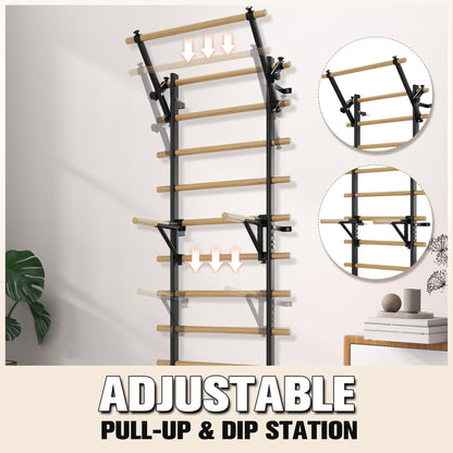 Swedish Ladder Wall Gym, Stall Bar Home Gym with Adjustable Pull-Up Bar, Dip Bar Attachments & 2pcs Resistance Band, 9 Strategic Rods for Core Strengthening and Stretching Balanced for Body Exercise