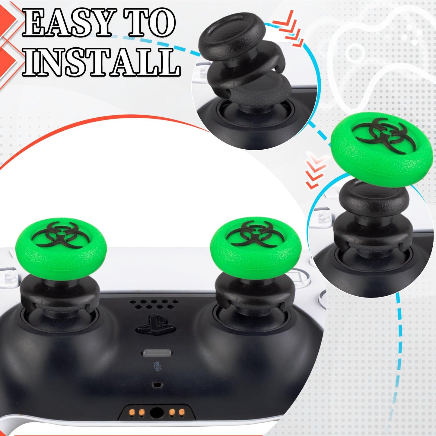 Playrealm FPS Thumbstick Extender & 3D Texture Rubber Silicone Grip Cover 2 Sets for PS5 Dualsenese & PS4 Controller (BioH Green)