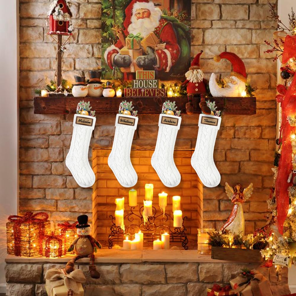 XOYTN 4Pack Christmas Stocking with Leather Patches，18Inches Large White Custom Name Personalized Hanging Cable Knitted Xmas Stockings for Christmas Family Party Fireplace Decor
