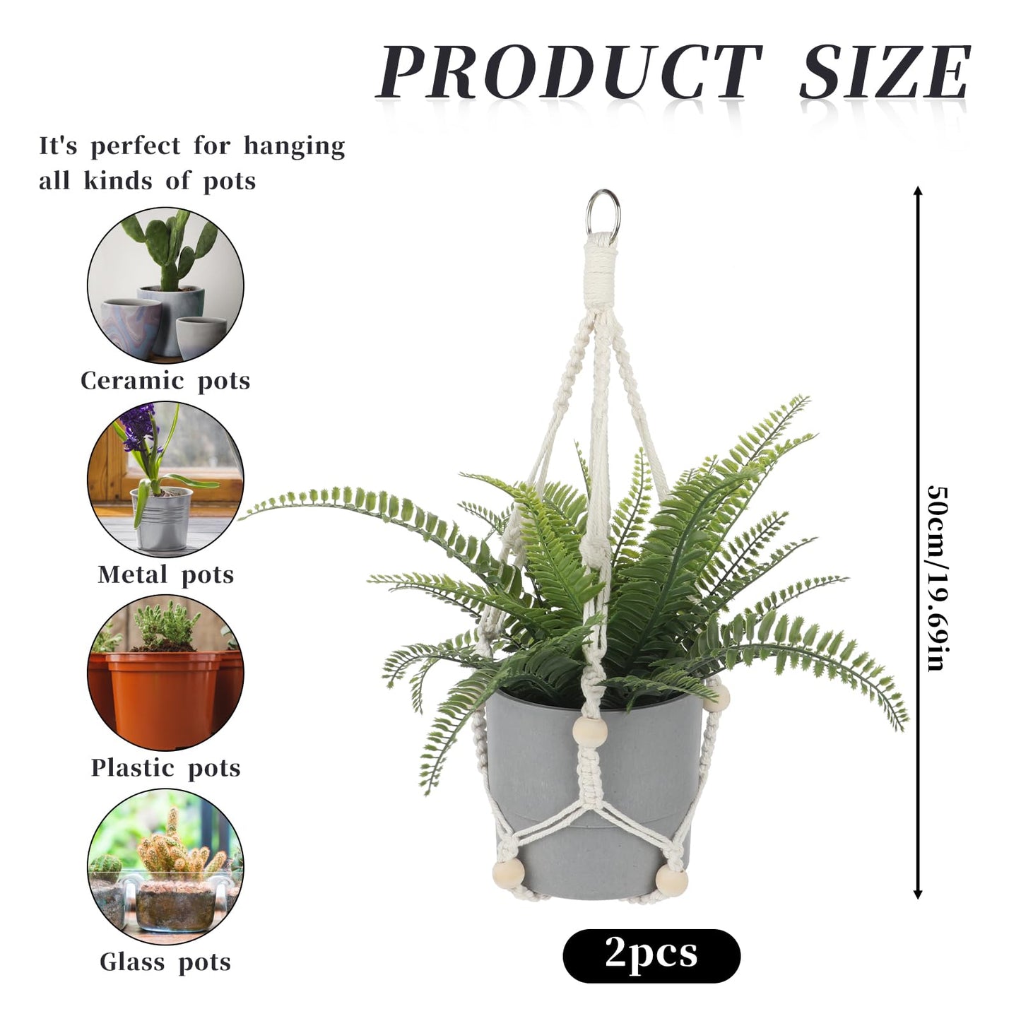 Macrame Plant Hanger Indoor, 2 Pack Boho Decor Hanging Plant Holder Hanging Planters for Indoor Plants Window Plant Hanger Flower Pot Hanging Basket with Wood Beads and Metal Hook Rings Ivory 20 Inch