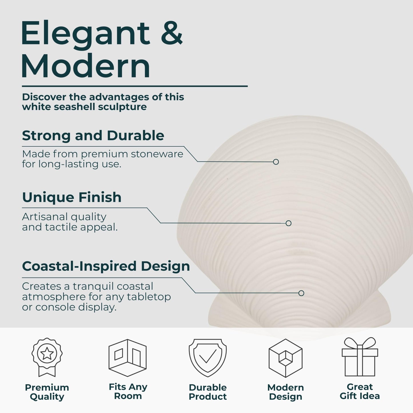 Stoneware Figurine Sculpture – Room Decor Accent, Decorative Statue for Shelf, Console, or Nightstand Placement, Coastal Home Decor Shell Design With Textured Detail – 6", White