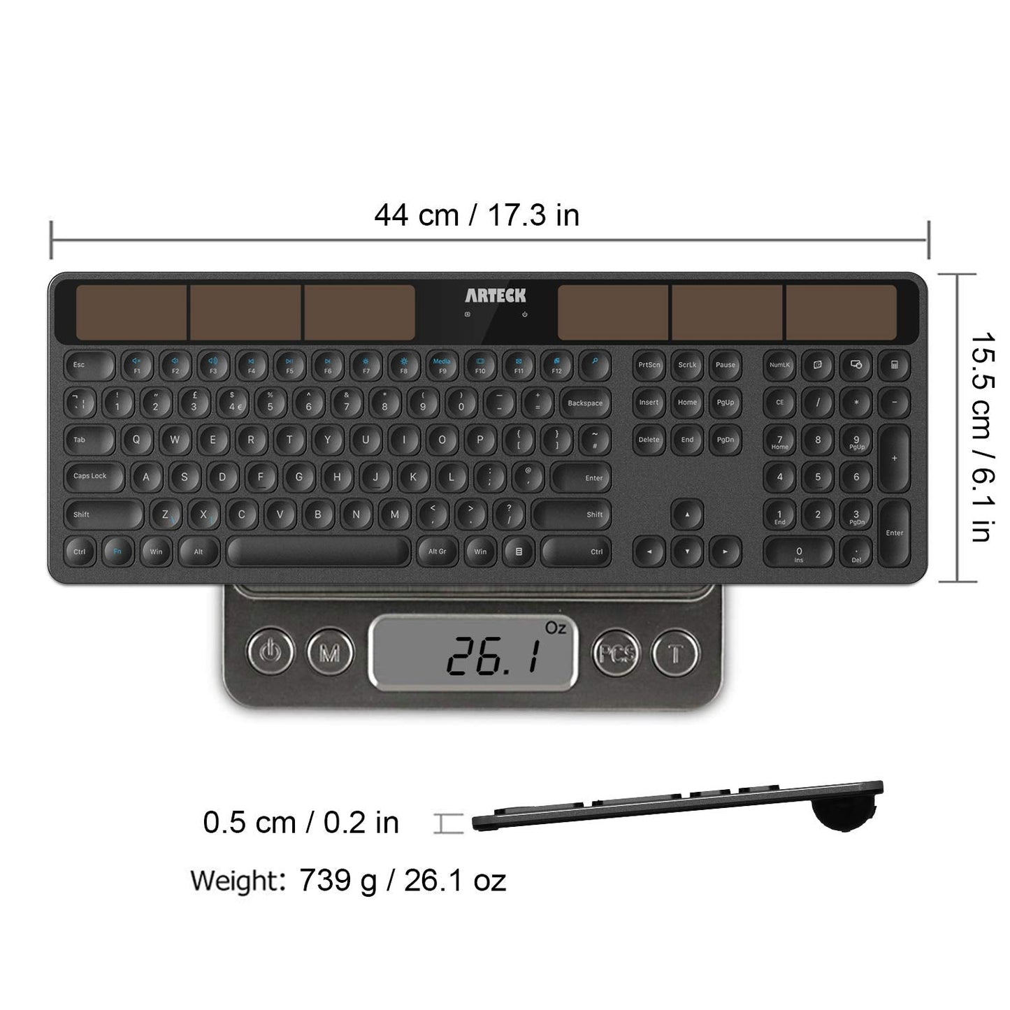 Arteck Solar Wireless Keyboard Full Size Solar Recharging Keyboard for Computer/Desktop/PC/Laptop/Surface/Smart TV and Windows 10/8 / 7 / Vista/XP Built in Rechargeable Battery