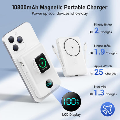 Magnetic Portable Charger for iPhone with Built-in Cables, 6-in-1 10800mAh Power Bank with iWatch Charger & LCD Display,25W PD Fast Charging Battery Pack for Magsafe,iPhone 16/15/14/13/12,Apple Watch