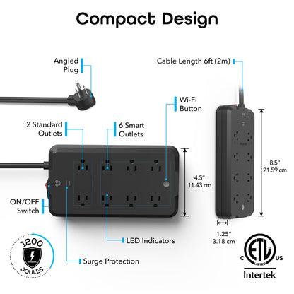 Geeni Smart Plug Power Strip, 6 Outlets and 2 USB Ports, 6 ft. Cord, Surge Protector with Voice Control, WiFi Control, Compatible with Alexa & Google Home, No Hub Required, Black