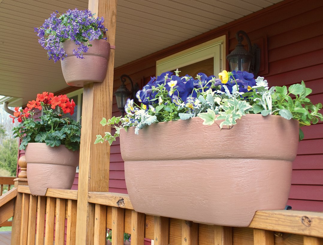 EMSCO Group Bloomers Railing Planter with Drainage Holes – 24" Weatherproof Resin Planter – Sand
