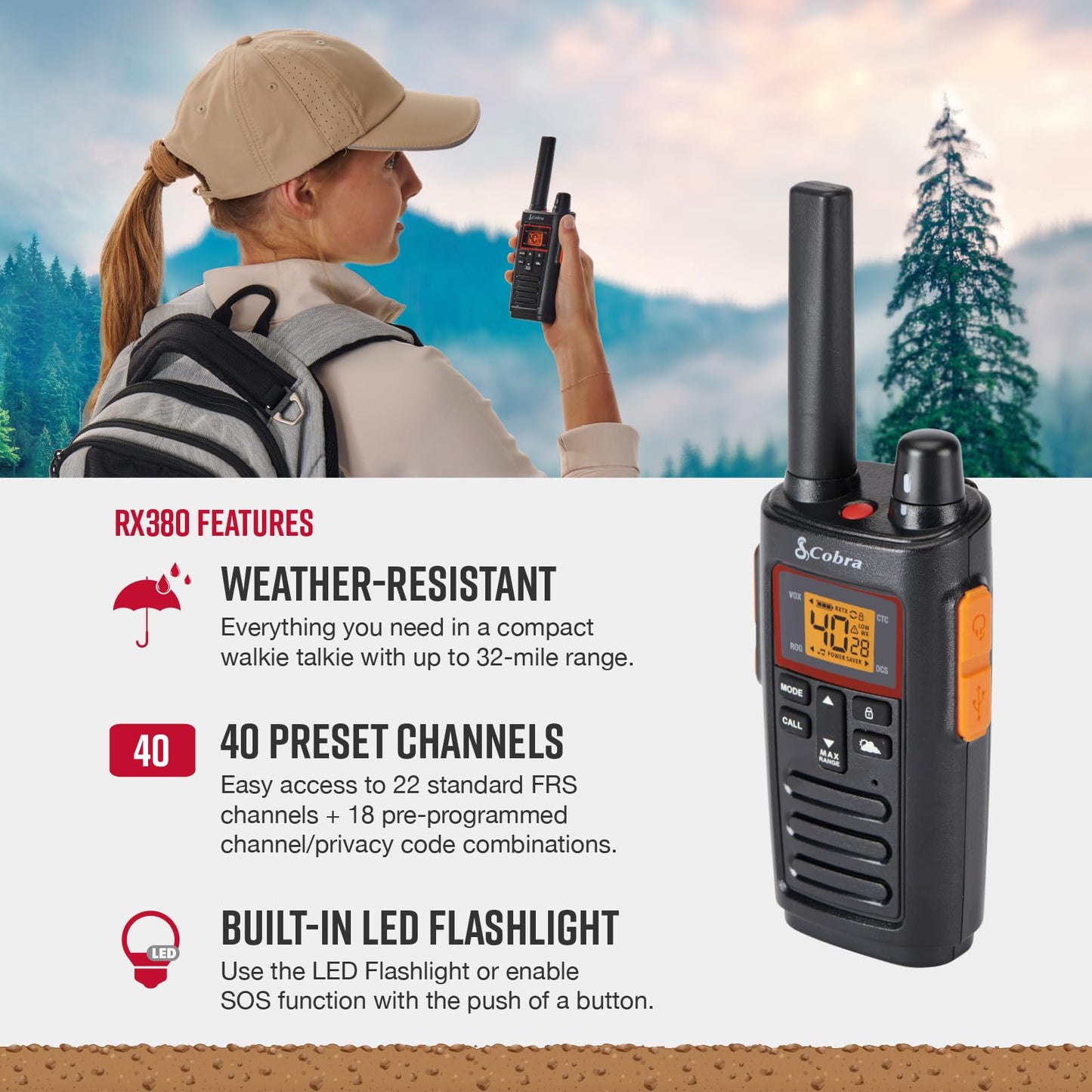 Cobra RX680 Walkie Talkies (2-Pack) - Rugged & Splashproof Two Way Radios Long Range, IP54 Water Resistant Design, 60 Pre-Programmed Channels, Weather Alerts, Included Charging Dock (Black/Orange)