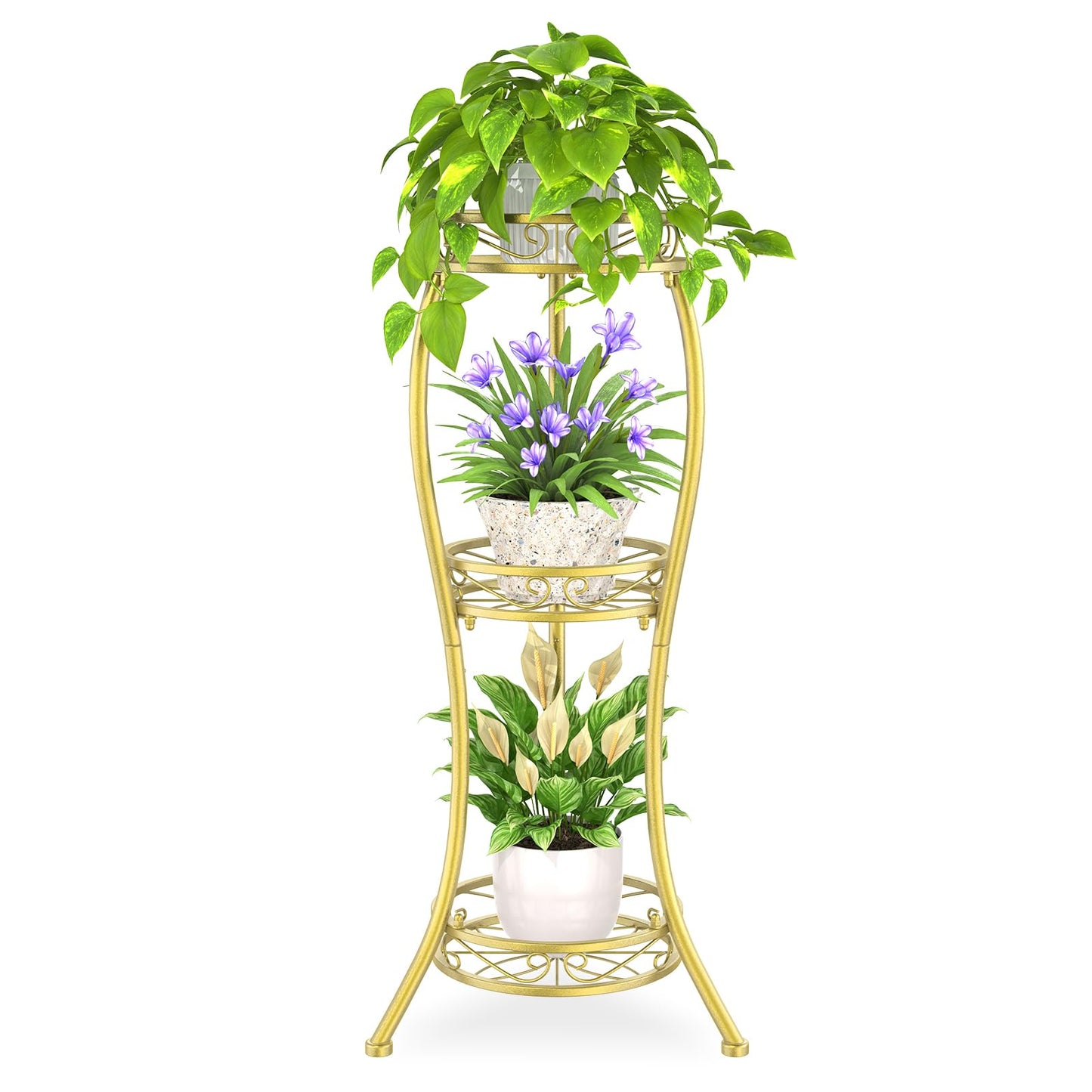 iDavosic.ly 3 Tier Tall Metal Plant Stand Indoor Outdoor, Wrought Iron Corner Flower Pot Holder Shelf, 34 Inch Vertical Display Rack for Patio Porch Living Room Garden, Gold