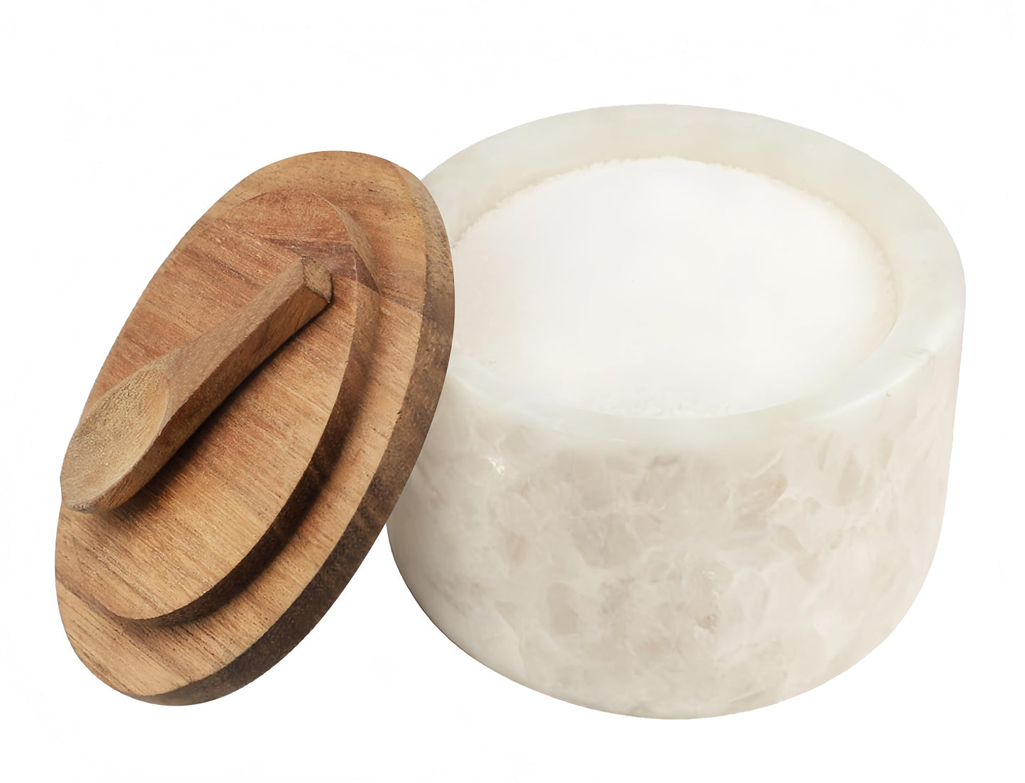 Lc.Courage Salt and Pepper Spice Cellar, Marble Container for Coffee, Sugar, Spices and Candies, With Built-in Magnetic Attraction Spoon and Acacia Wood Lid, 6.5 oz (Snowflake White)