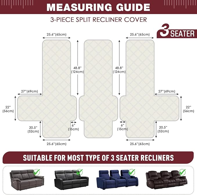TAOCOCO 100% Waterproof Recliner Sofa Covers 3 Seater, Split Couch Covers