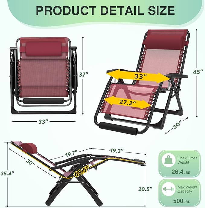 Suteck Oversized Zero Gravity Chair,33In XXL Lounge Chair w/Removable Cushion&Headrest, Reclining Camping Chair w/Upgraded Lock and Footrest, Reclining Patio Chairs Recliner for Indoor Outdoor,500LBS
