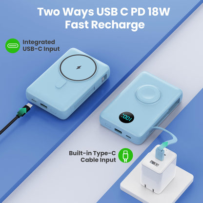 Magnetic Portable Charger for iPhone with Built-in Cables, 6-in-1 10800mAh Power Bank with iWatch Charger & LCD Display,25W PD Fast Charging Battery Pack for Magsafe,iPhone 16/15/14/13/12,Apple Watch
