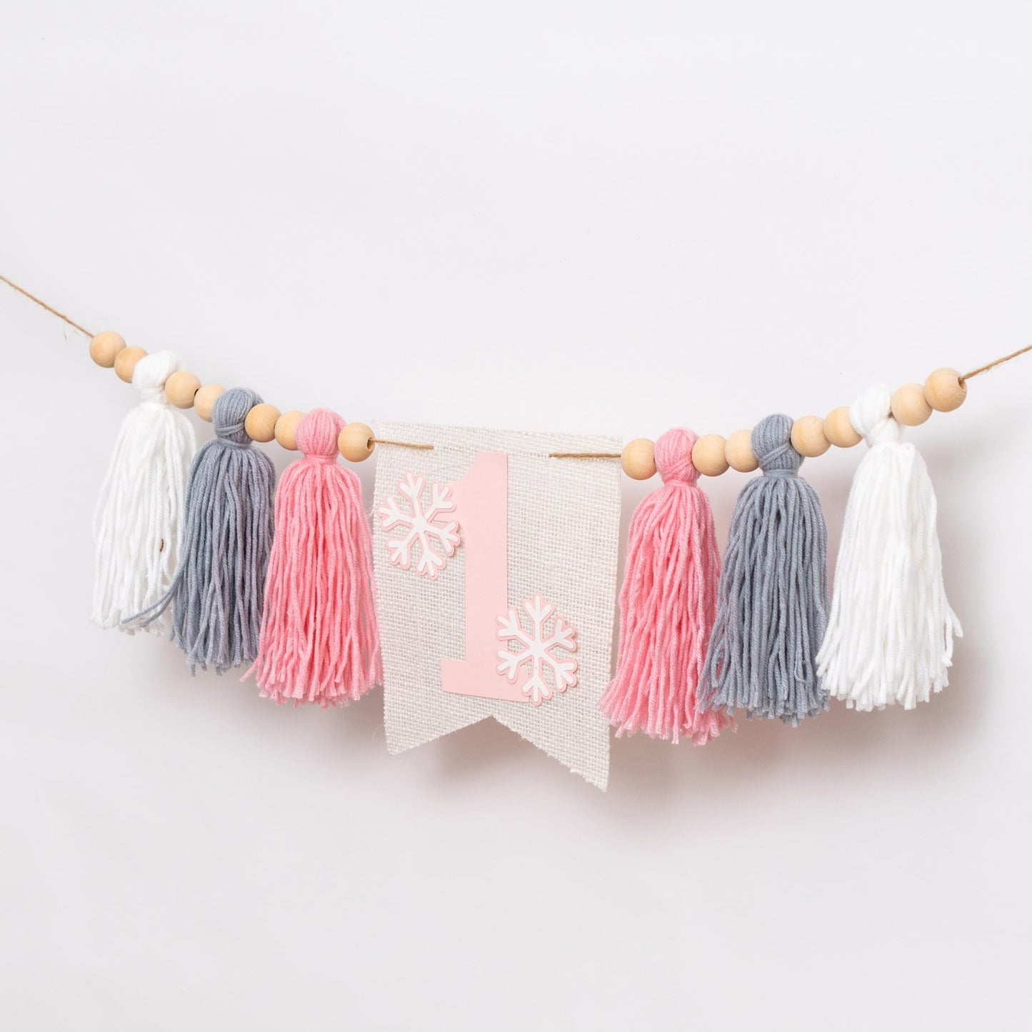 Upfirst Snowflake 1st Highchair Banner - Winter Wonderland First Birthday Decor, Snow Princess Theme Party Banner, Pink Gray White Tassels Snowflake Highchair Garland (Snowflakes Banner)