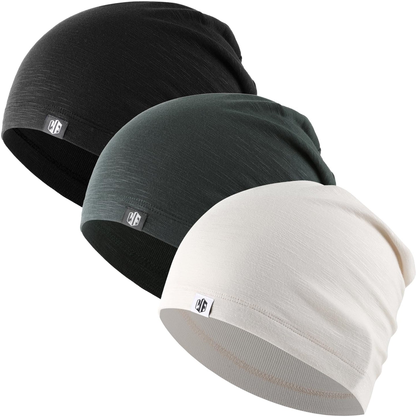 WTACTFUL 3Pack Breathable Skull Cap for Men Women, Soft Slouchy Beanie Hat Chemo Cap Night Sleeping Hat for Cycling Running Riding Hiking Casual Wear Black Gray White