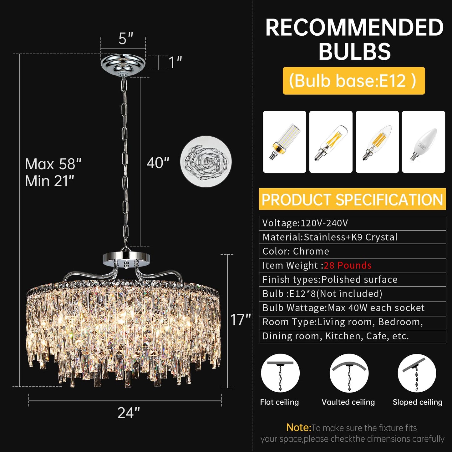 NISIDUN Luxury Crystal Chandelier, 24" Modern Round Dining Room Chandeliers Over Table，8 Lights Chrome Ceiling Pendant Ceiling Lighting for Living Room Bedroom Entryway Foyer Staircase