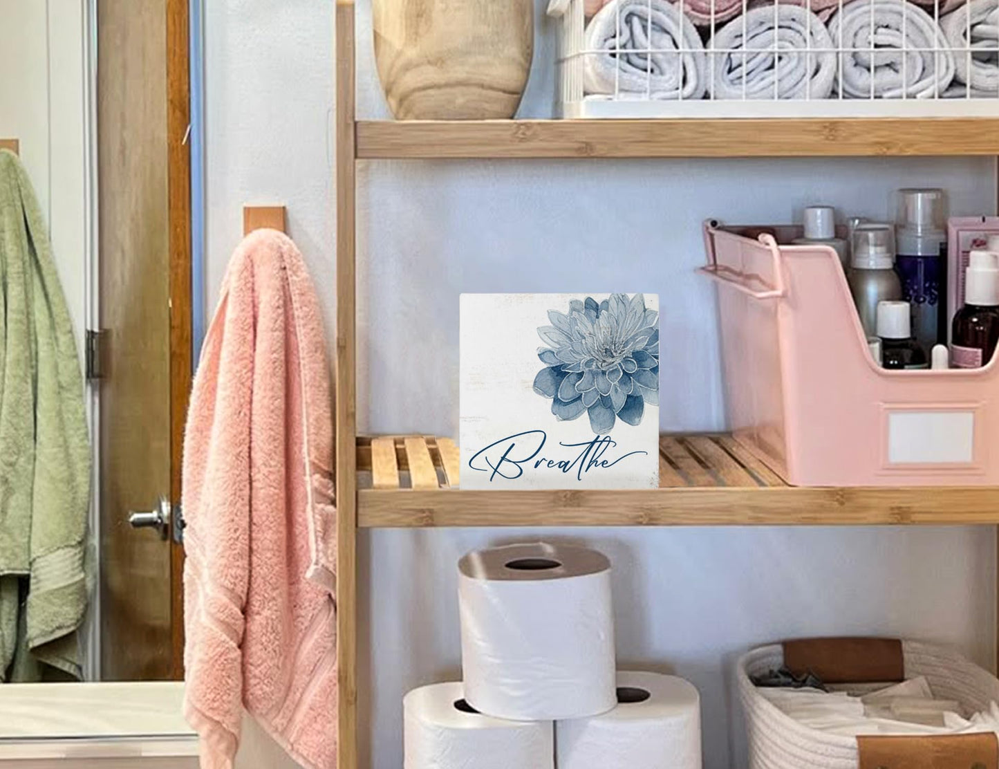 Mtrgdn Blue Bathroom Decor,Spa Bathroom Decor and Accessories,Breathe Blue Flower Wooden Box Sig for Home Spa Room Beauty Salon Decoration,5X5 Inch