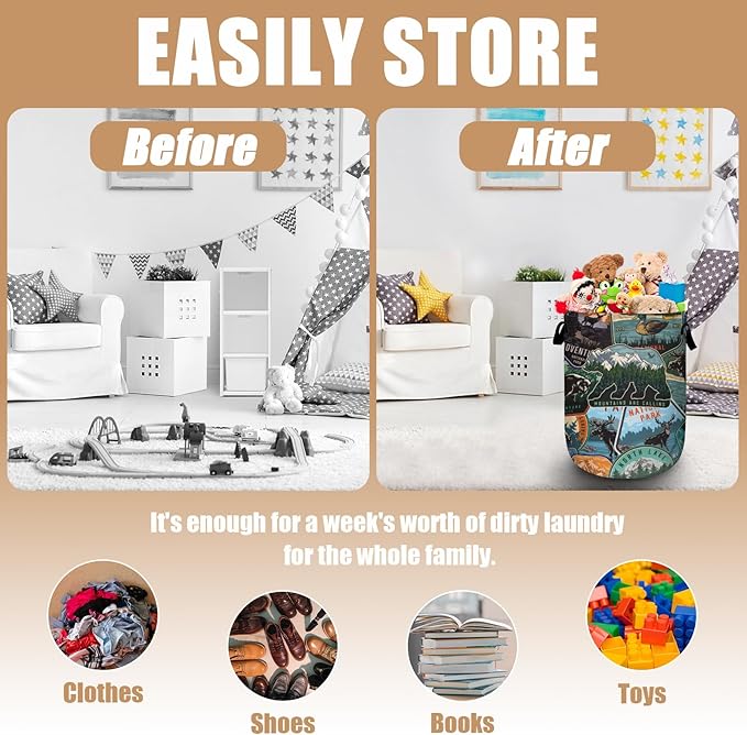 Retro Mountain Bear Laundry Basket, Foldable Wild Animals Laundry Hamper Tote