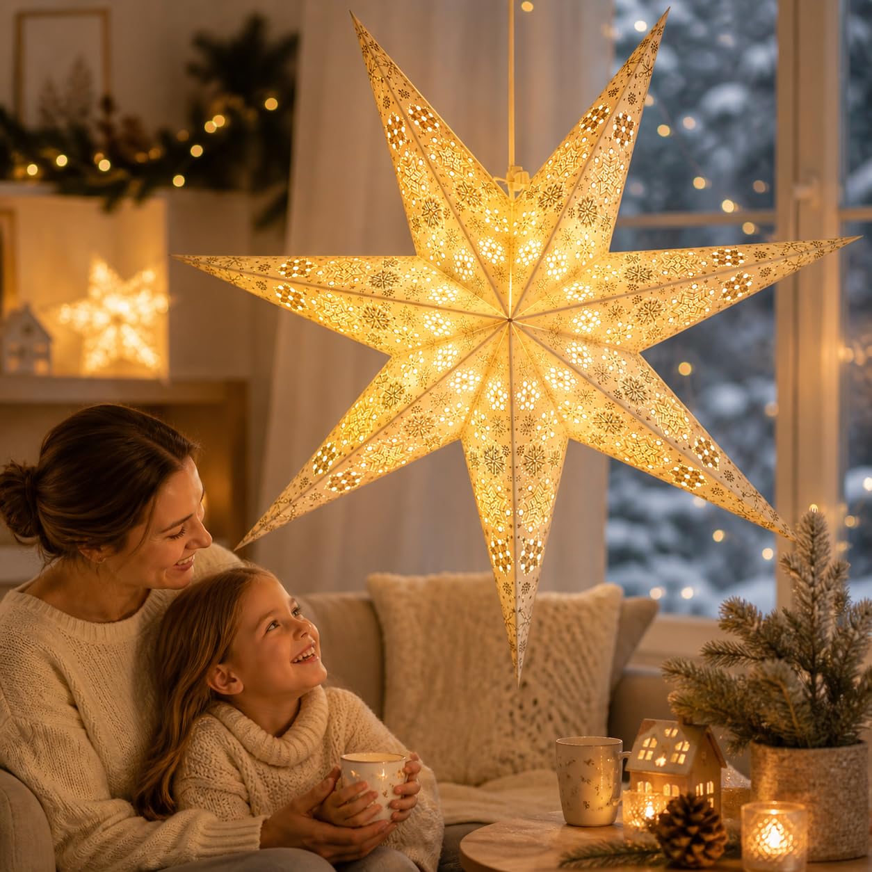 YEPSIO Lantern Lampshade Paper Star Light Shades Large 60cm Hanging Decorations for Christmas Wedding Home Decoration Birthday Party Foldable 7 Pointed Star (White, Silver)