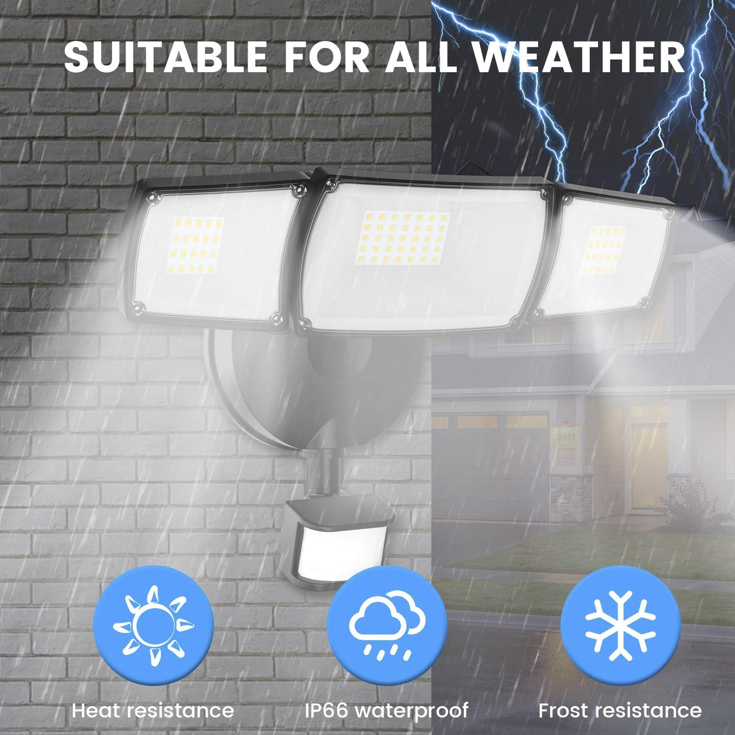 TONGLIN Security Light Outdoor, 4200LM 75LED Wiring Motion Sensor Lights, 42W 3-Head Angel Adjustable Flood Light with Remote Control, IP66 Waterproof Garden Light for Porch Patio Driveway Pathway