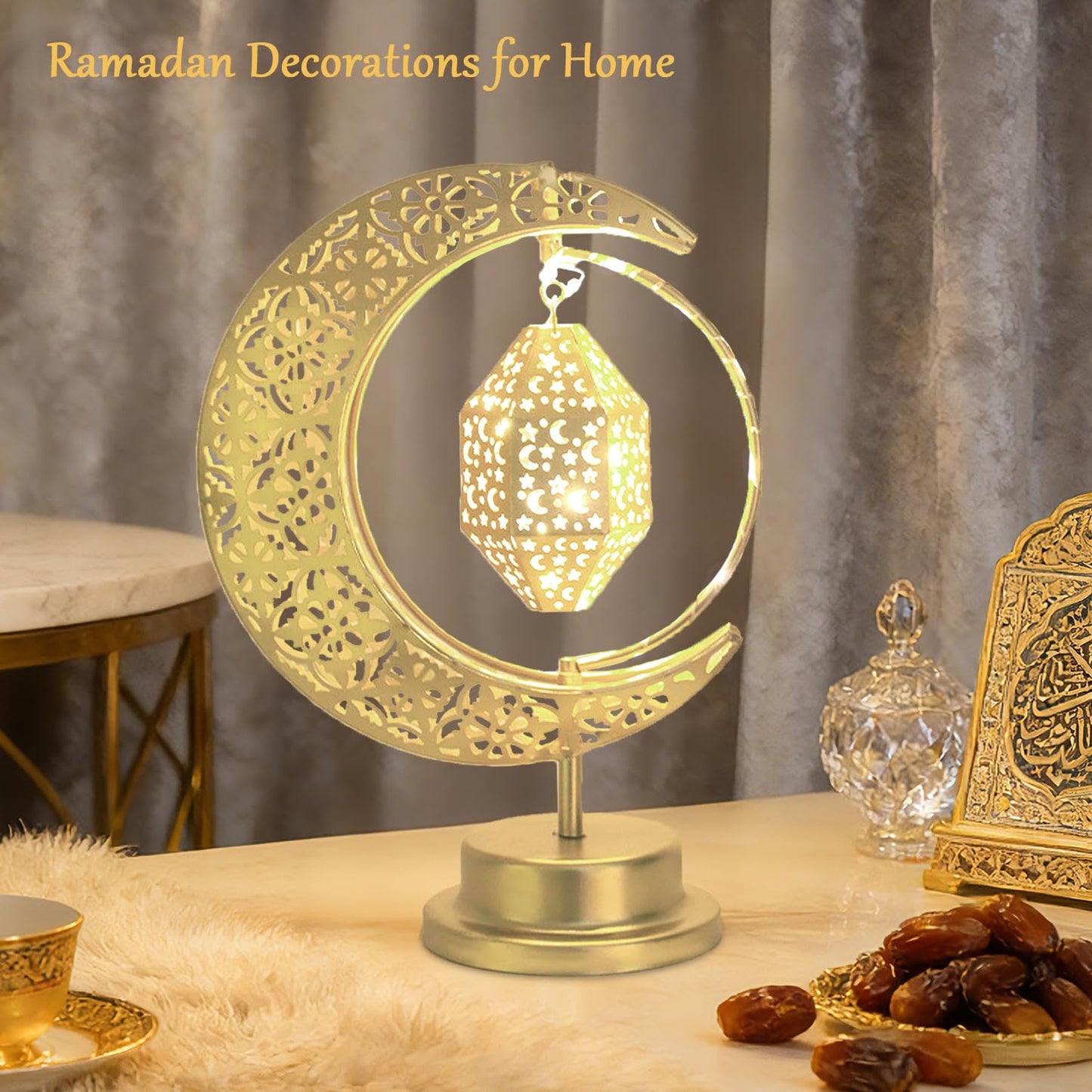 Lifnatty Ramadan Moon Lamp Decorations, Crescent Moon with Ramadan Lantern, Rotating Ramadan Table Lamp, Ramadan Decorations for Home, Eid Mubarak Decorations, Battery Operated Metal Eid Gifts