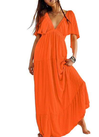 Kikibell Women Summer Dresses Sexy V-Neck Maxi Dress Tiered Silhouette with Flutter Sleeve Backless Elastic Waist Flowy Dress