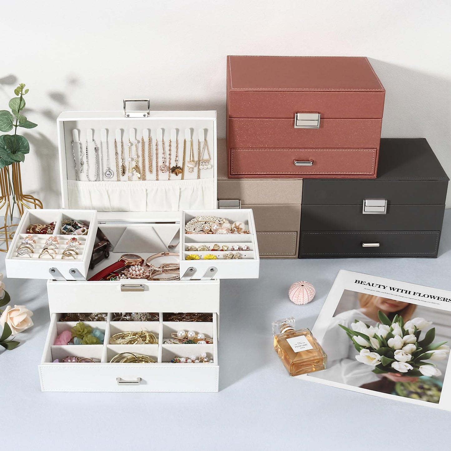 Jewellery Box Organiser, 3 Layer PU Leather Jewellery Case, Large Jewellery Organiser with Drawer, Jewellery Storage Case for Necklaces Earrings Bracelets and Rings, Grey