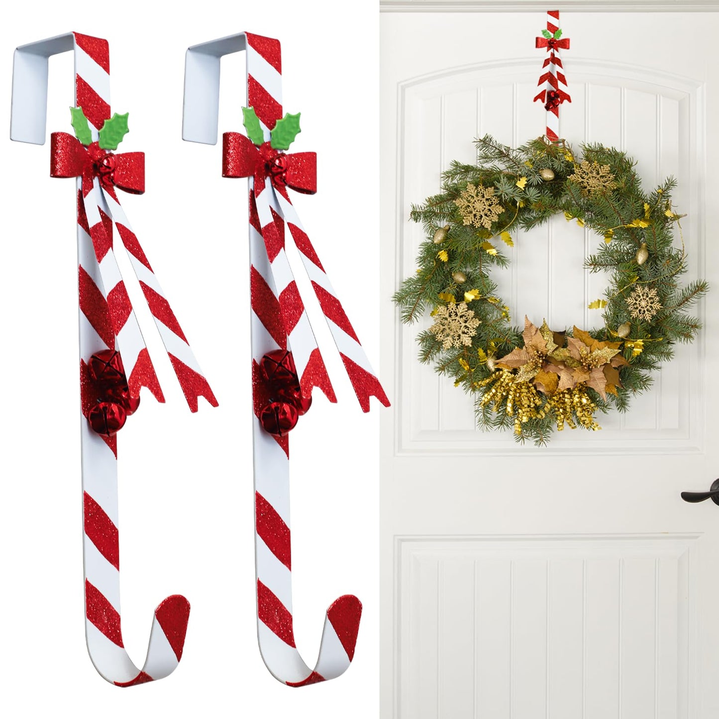 KEDONCHEN 2 Pack Wreath Hangers for Front Door,Christmas Decoration Metal Over The Door Wreath Hanger Ornament,Candy Cane Wreath Hanger