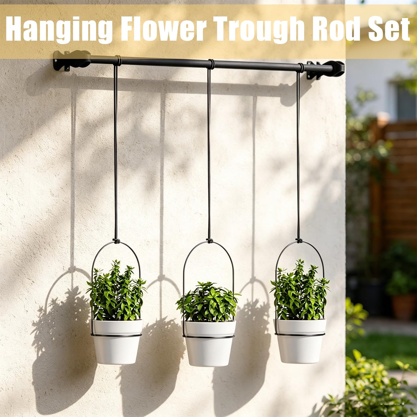 Hanging Flower Pots Set of 3, Indoor/Outdoor Plant Holder with Rod & Chain, Window Herb Garden Planter Shelves - Space-Saving Wall Mounted Pot Set for Succulents, Vines & Flowers (Black)