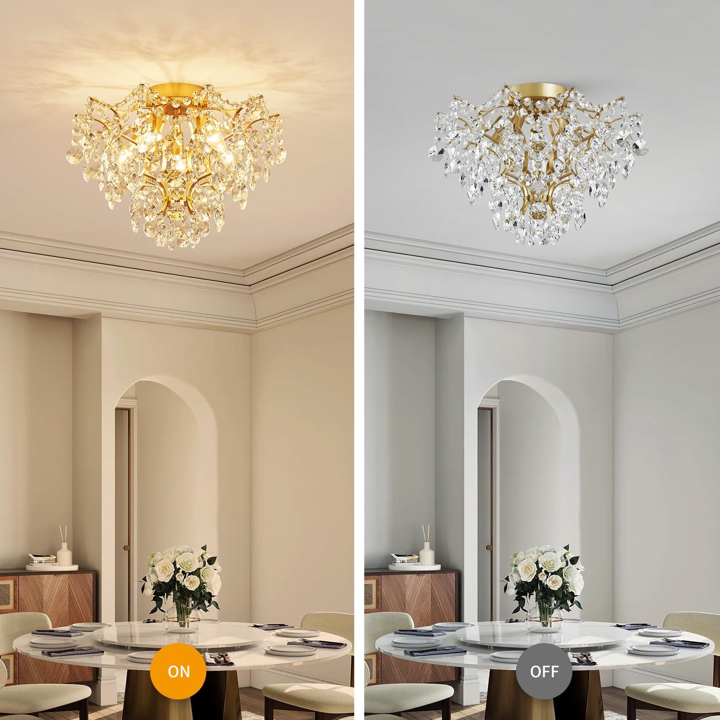 WUZUPS 5-Light Crystal Chandelier Flushmount Ceiling Light Modern Lighting Fixture for Bedroom Hallway Bar Kitchen Bathroom, H 12" W 15.4", E12 Base, Gold