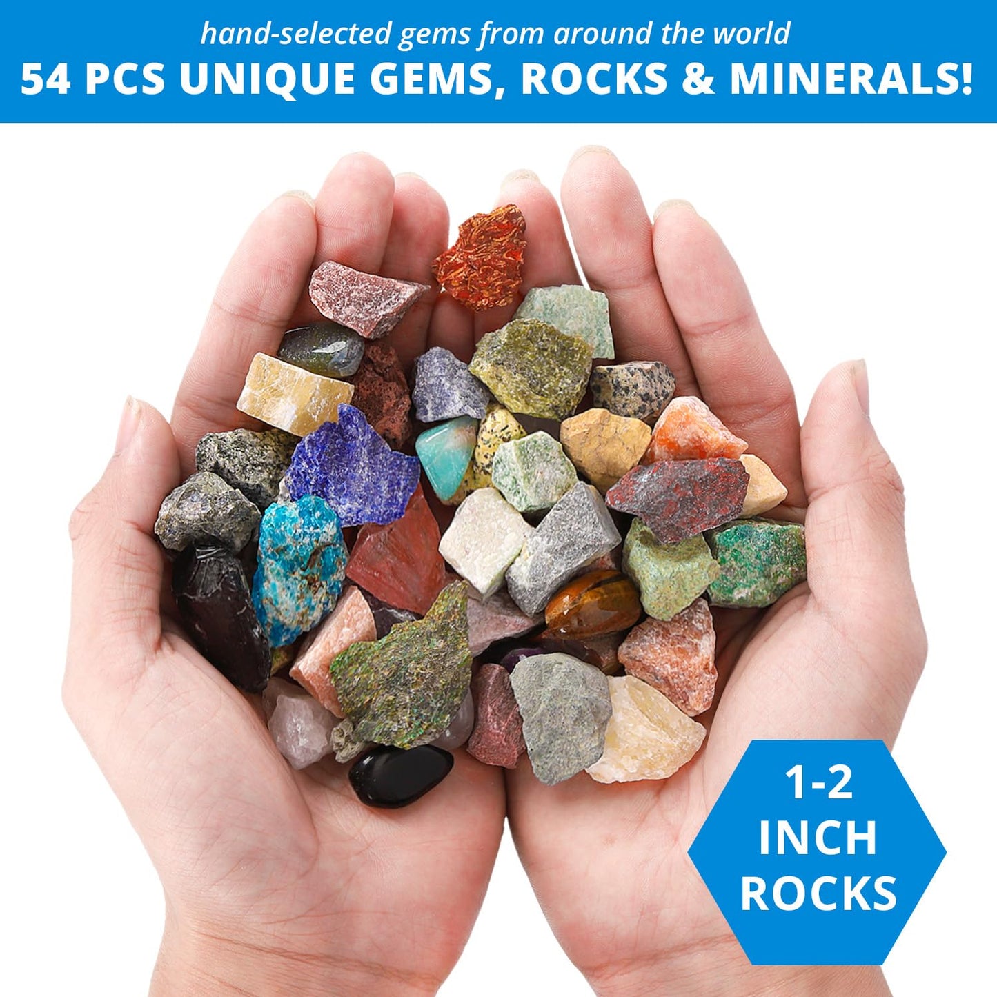 PIBEX Rock Collection Starter Kit - 54 Pcs Assorted Gemstones, Crystals, Rocks & Minerals, with Learning Book & ID Cards, Earth Science Kit Toy, A Geology Gift for Kids & Adults Ages 8+